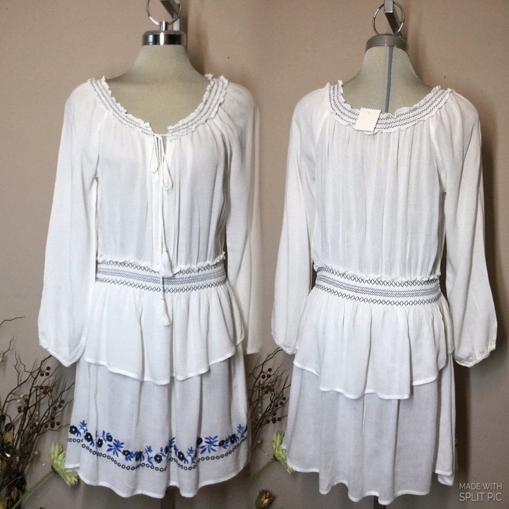*NEW* Beautiful Hype,Embroidered White & Blue Long Sleeves Summer Dress …